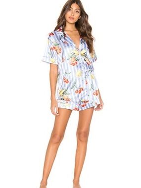 Show Me Your MuMu Blue & White Striped Fruit-Print Satin Pajama Set